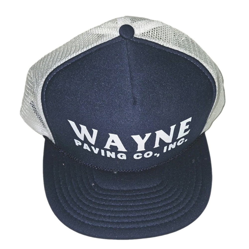 Vintage Wayne Paving Co Inc Trucker Hat Mesh Snapback Cap Navy Blue White Nissin
